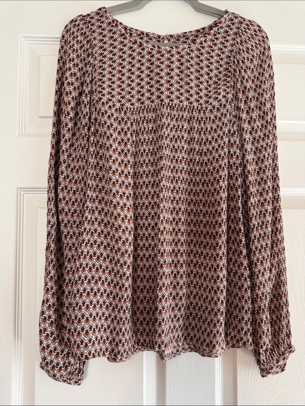 LOFT Brown and Cream Printed Long-Sleeve Blouse